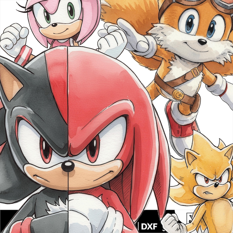 May include: A colourful illustration featuring characters from the Sonic the Hedgehog franchise. The image showcases Sonic, Tails, Amy Rose, Knuckles, and Super Sonic, each in a dynamic pose. The artwork is detailed and vibrant, set against a white background.