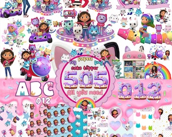 Gabbys Dollhouse PNG SVG Bundle, Layered SVG Cricut files, Birthday Party Kit, Cake Topper, Decorations, Gabby, Pandy Paws, Cakey, Baby Box