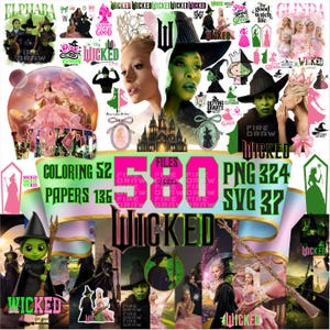 May include: A digital art collection featuring imagery from the musical "Wicked." The design includes portraits of characters, the show's logo, and text elements such as "580 Files," "Coloring 52," "PNG 324," and "SVG 37." The color palette includes pink, green, and black.
