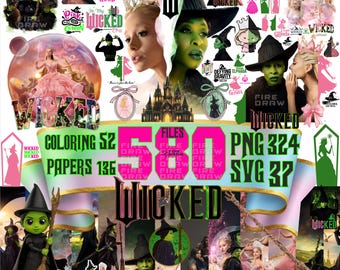Paquete de 580 imágenes PNG, fondos de pantalla, páginas para colorear y archivos SVG de Wicked Change Good Glitter, Wicked Pink and Green, Wizard Musical, Coquette Bow