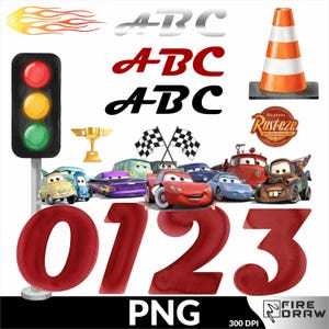 May include: A digital illustration featuring elements from the animated film "Cars." The image includes race cars, a traffic light, a trophy, checkered flags, and the numbers 0, 1, 2, and 3 in a bold red font. Also included are the words "ABC" in various fonts and colors.