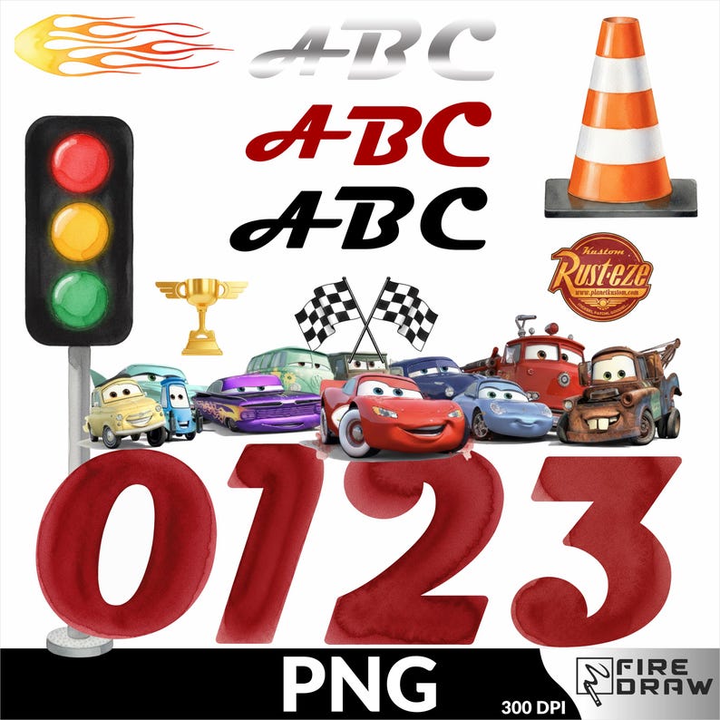 May include: A digital illustration featuring elements from the animated film "Cars." The image includes race cars, a traffic light, a trophy, checkered flags, and the numbers 0, 1, 2, and 3 in a bold red font. Also included are the words "ABC" in various fonts and colors.