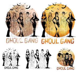 Może przedstawiać: Cyfrowa ilustracja grupy kobiet przebranych za ghule z pełnią księżyca i nietoperzami w tle. Tekst "Ghoul Gang" jest napisany pod obrazem.