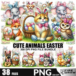cute Easter animals Printable PNG bundle, Festive Happy Easter Fox, elephant, dog, cat, owl, Design, Basket eggs, shirt Design sublimation