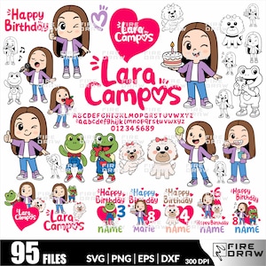 Puede incluir: Una colección de arte digital con ilustraciones de dibujos animados. El diseño incluye una niña con cabello castaño, una rana, un perro y el texto "Happy Birthday" y "Lara Campos". La colección también incluye números y letras.