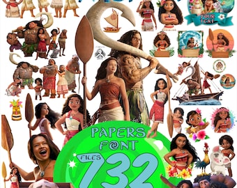 Paquete de imágenes PNG de Moana, imágenes prediseñadas PNG de Moana 2 y 3, SVG de Moana, fuente del alfabeto de Maui Moana, papel digital, invitación de cumpleaños, descarga digital instantánea.