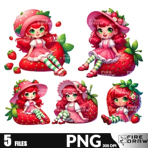 Moranguinho Strawberry Shortcake PNG bundle, Rosita Fresita Clipart for cake toppers and birthday PNG kit, Strawberries png