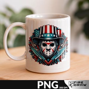 May include: White ceramic mug featuring a graphic of a hockey mask wearing a patriotic Uncle Sam hat, with two crossed knives. The design incorporates red, white, and blue colors, and a wreath-like border.