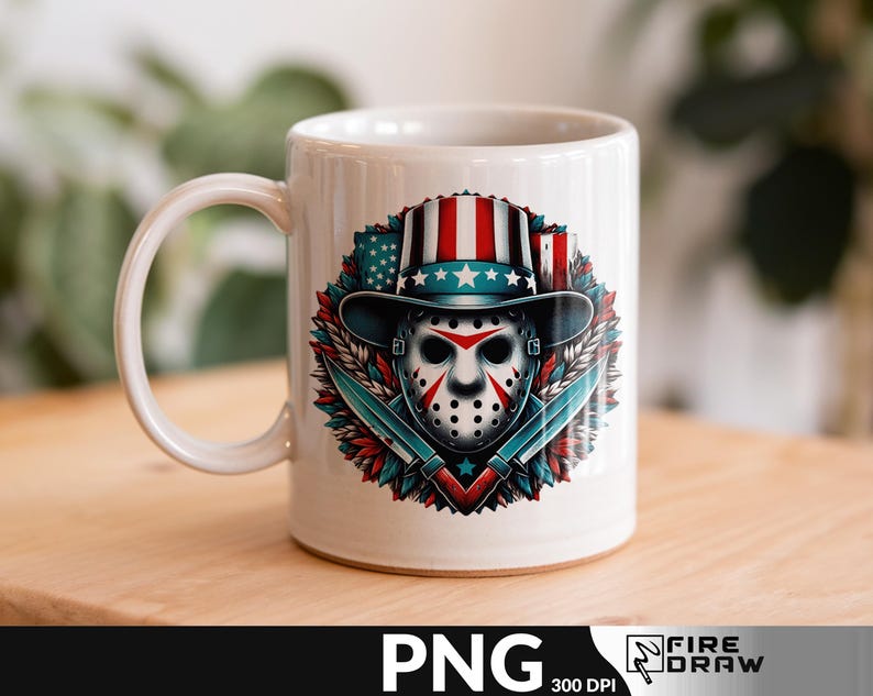 May include: White ceramic mug featuring a graphic of a hockey mask wearing a patriotic Uncle Sam hat, with two crossed knives. The design incorporates red, white, and blue colors, and a wreath-like border.