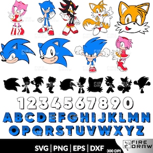 May include: Digital illustrations of Sonic the Hedgehog characters, including Sonic, Tails, Amy, and Shadow. The image also features character silhouettes, numbers, and the alphabet in a blue and white design. Ideal for digital art projects.