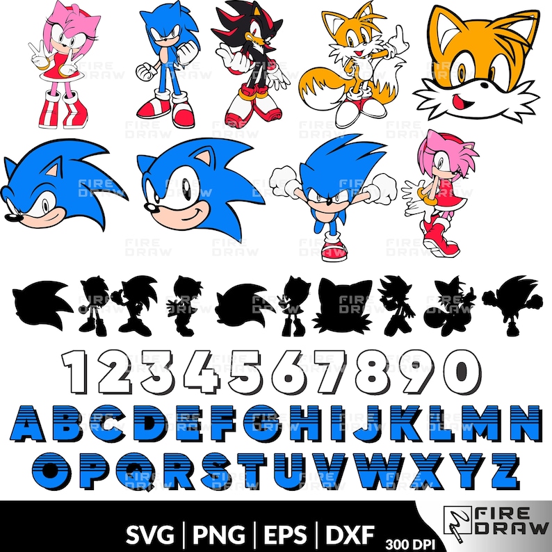 May include: Digital illustrations of Sonic the Hedgehog characters, including Sonic, Tails, Amy, and Shadow. The image also features character silhouettes, numbers, and the alphabet in a blue and white design. Ideal for digital art projects.