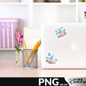 May include: Two digital stickers featuring a cartoon snowman in a summer setting. The snowman is wearing a blue hat and holding a blue balloon. One sticker shows the snowman in a pink inner tube floating in the water. The other sticker shows the snowman standing on the beach with a blue beach bag.