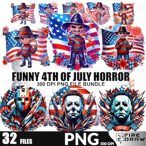 May include: A digital art bundle featuring horror movie characters with American flag backgrounds and fireworks. The text "FUNNY 4TH OF JULY HORROR" is displayed. Includes 32 PNG files at 300 DPI.