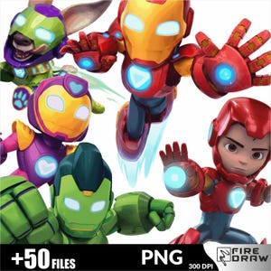 May include: A collection of cartoon illustrations featuring characters in superhero armor. The characters are in various colors, including red, yellow, green, and purple. The image includes the text "+50 FILES" and "PNG".