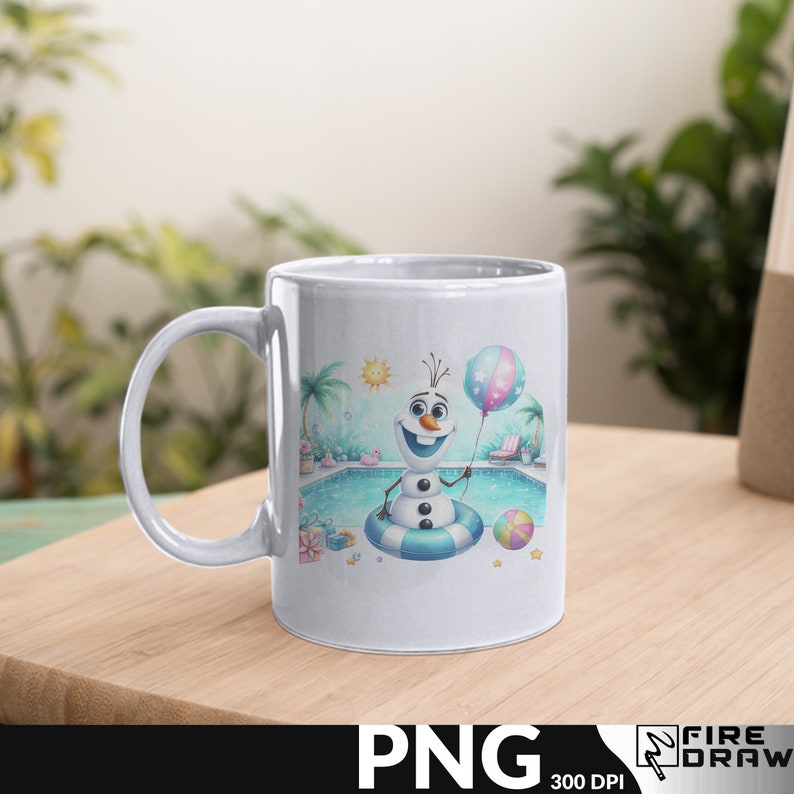 May include: White ceramic mug with a colorful illustration of Olaf from Frozen, wearing a blue and white inner tube and holding a pink and blue balloon. The background shows Olaf in a swimming pool with a beach chair and palm trees.