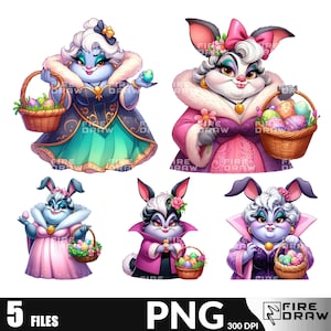 May include: Five digital illustrations of cartoon bunnies dressed in Easter outfits. Each bunny is holding a basket of colorful Easter eggs. The bunnies are wearing dresses and hats with floral and other Easter-themed designs.