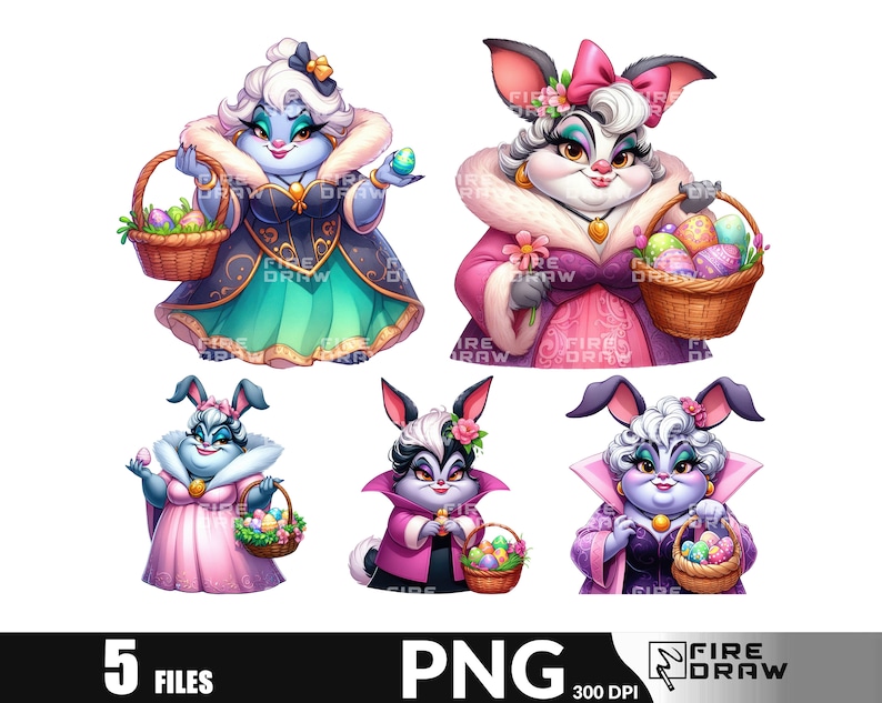 May include: Five digital illustrations of cartoon bunnies dressed in Easter outfits. Each bunny is holding a basket of colorful Easter eggs. The bunnies are wearing dresses and hats with floral and other Easter-themed designs.