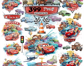ライトニング・マックィーン、PNG、車、水彩画、バンドル、デジタルダウンロード、漫画レースカー、クリカットクリップアート、昇華、誕生日パーティーの子供用デコレーションアート