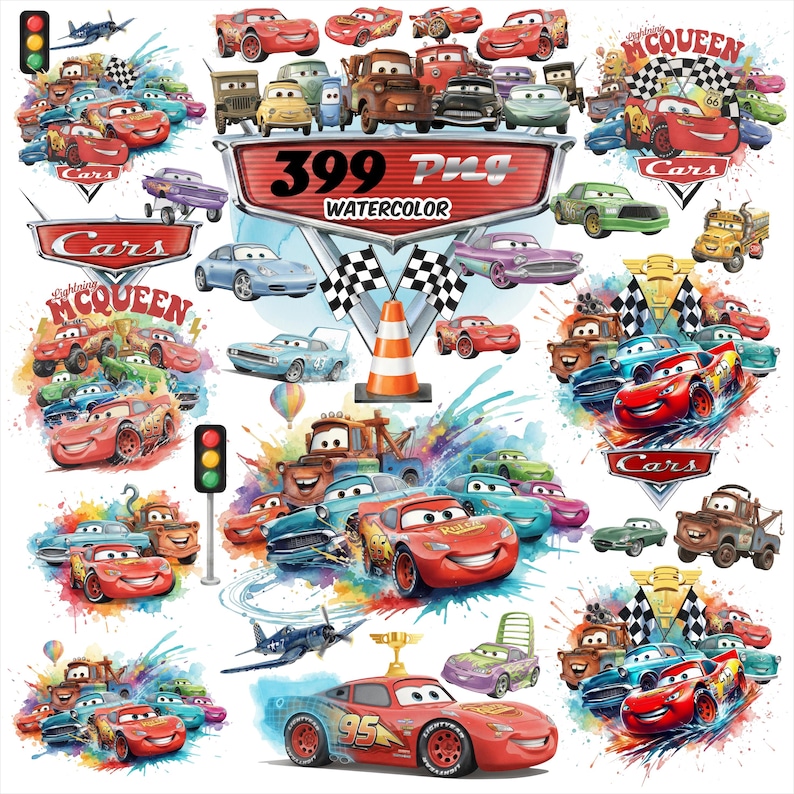 May include: A watercolor design featuring various characters from the animated movie "Cars." The image includes Lightning McQueen, Mater, and other vehicles, along with racing flags, a traffic cone, and the text "399 PNG WATERCOLOR."