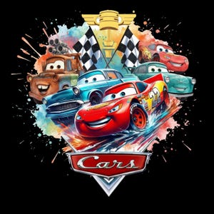 May include: A colorful graphic featuring characters from the animated movie Cars. The image showcases various car designs, including Lightning McQueen, against a backdrop of paint splatters, checkered flags, and a trophy. The Cars logo is prominently displayed.