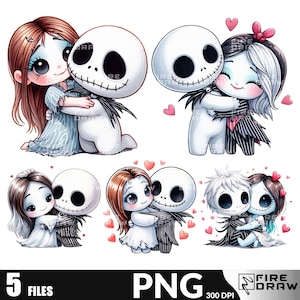 Może przedstawiać: Pięć cyfrowych ilustracji par w stylu kreskówkowym. Pary to Jack Skellington i Sally z filmu Koszmar przed świętami. Ilustracje są w kolorystyce różowej, białej i czarnej.