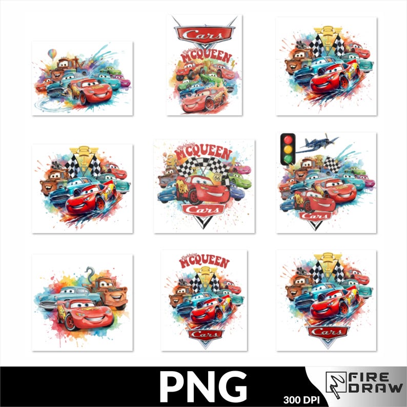 May include: Nine square images featuring watercolor illustrations of characters from the animated movie "Cars." Each image showcases Lightning McQueen and other cars in dynamic poses, with the "Cars" logo and checkered flags. The images are vibrant with splashes of color.