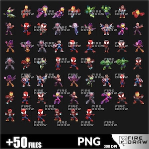 May include: A collection of over 50 PNG files featuring various superhero character designs. Each character is depicted in a stylized, cartoonish form, with the words "FIRE DRAW" printed below each image. The image is labeled "+50 FILES PNG 300 DPI".