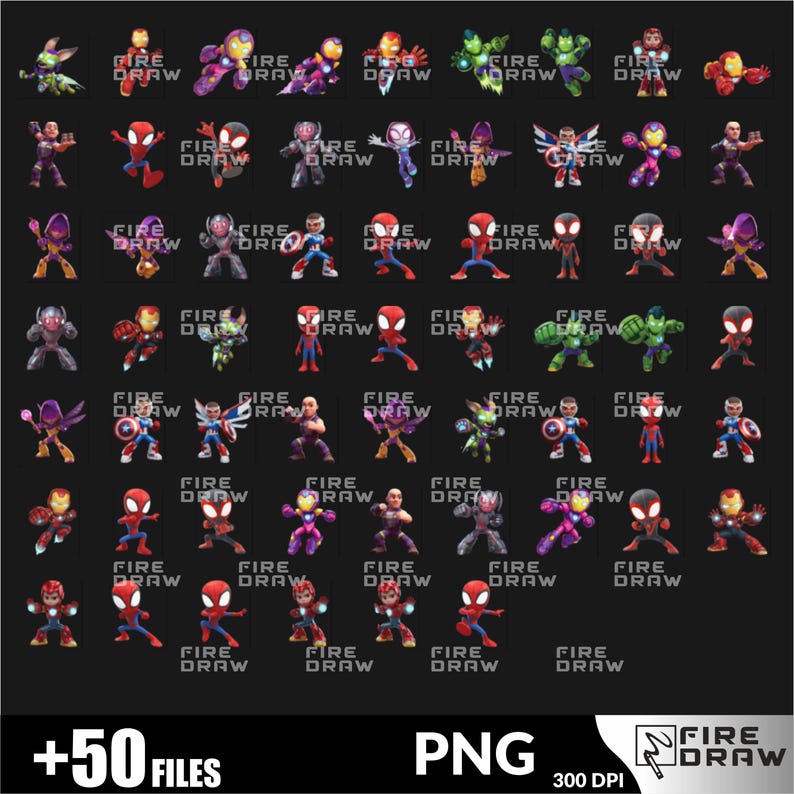 May include: A collection of over 50 PNG files featuring various superhero character designs. Each character is depicted in a stylized, cartoonish form, with the words "FIRE DRAW" printed below each image. The image is labeled "+50 FILES PNG 300 DPI".