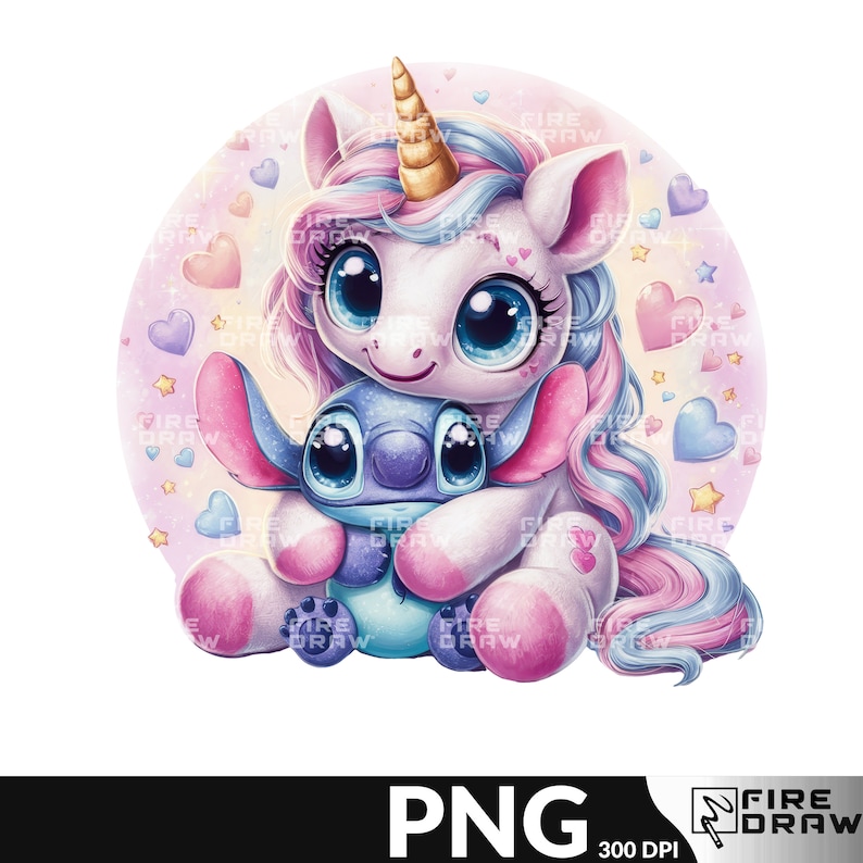 Op de afbeelding: Een roze en blauwe eenhoorn met een gouden hoorn knuffelt een blauw Stitch-personage. De achtergrond is een roze cirkel met harten en sterren.