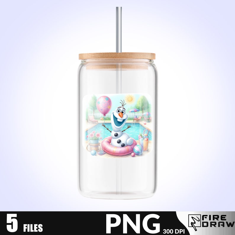May include: A clear glass tumbler with a bamboo lid and a straw. The tumbler has a colorful image of Olaf from Frozen, wearing a pink inflatable ring and holding a balloon, in a pool setting.
