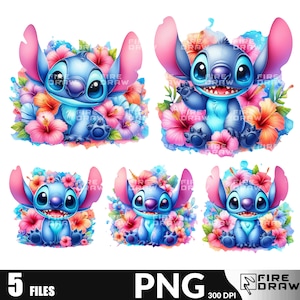 Tropische bloemen Stitch aquarel illustratie PNG, Lilo & Stitch Floral, Stitch Tumbler Wrap, Splash png, Love Stitch PNG digitale download