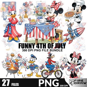Pacchetto PNG divertente per il 4 luglio, clipart di Topolino e i suoi amici con bandiera americana per magliette da sublimazione, decorazioni per feste Cricut, download di PNG dagli Stati Uniti