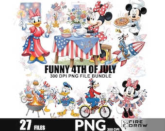 May include: A digital illustration bundle with a 4th of July theme. The image features cartoon characters, including Mickey and Minnie Mouse, Daisy Duck, and Goofy, celebrating with fireworks, food, and patriotic decorations. Text reads "FUNNY 4TH OF JULY".