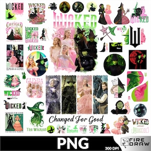 May include: A digital collage of images from the musical Wicked. The collage features the characters Elphaba and Glinda, the Wicked Witch of the West, and the text "Wicked" in various fonts and colors.