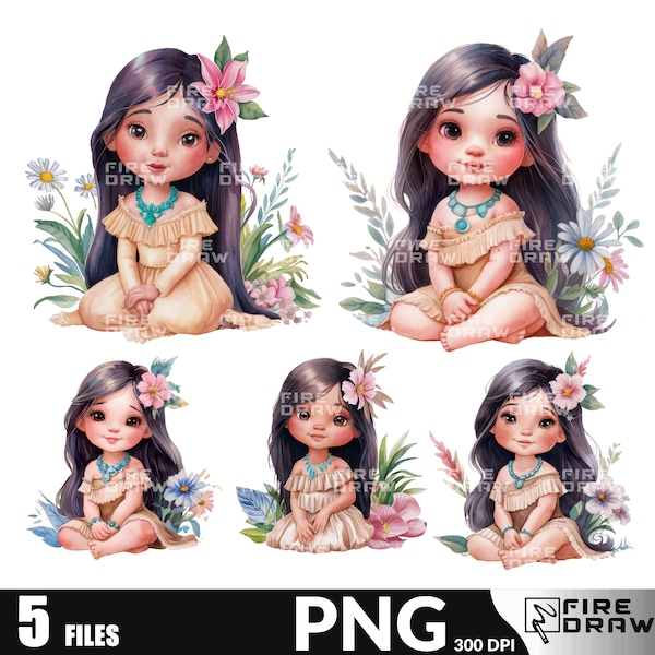 little cute Human girl Moana with Flowers, Princess Moana Floral PNG for Birthday perfect for tumbler, caketopper, and shirts png