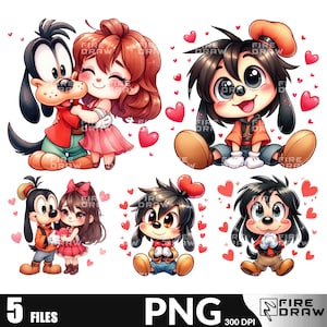 Puede incluir: Cinco ilustraciones de dibujos animados de una pareja enamorada. Los personajes son un perro y un humano. Las ilustraciones están en un estilo de dibujos animados con colores brillantes y corazones.