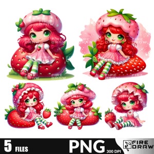 Moranguinho Strawberry Shortcake PNG bundle, Rosita Fresita Clipart for cake toppers and birthday PNG kit, Strawberries png