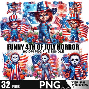 May include: A digital art bundle featuring several illustrations with a 4th of July and horror theme. The images include characters in patriotic outfits, American flags, and the text "FUNNY 4TH OF JULY HORROR".