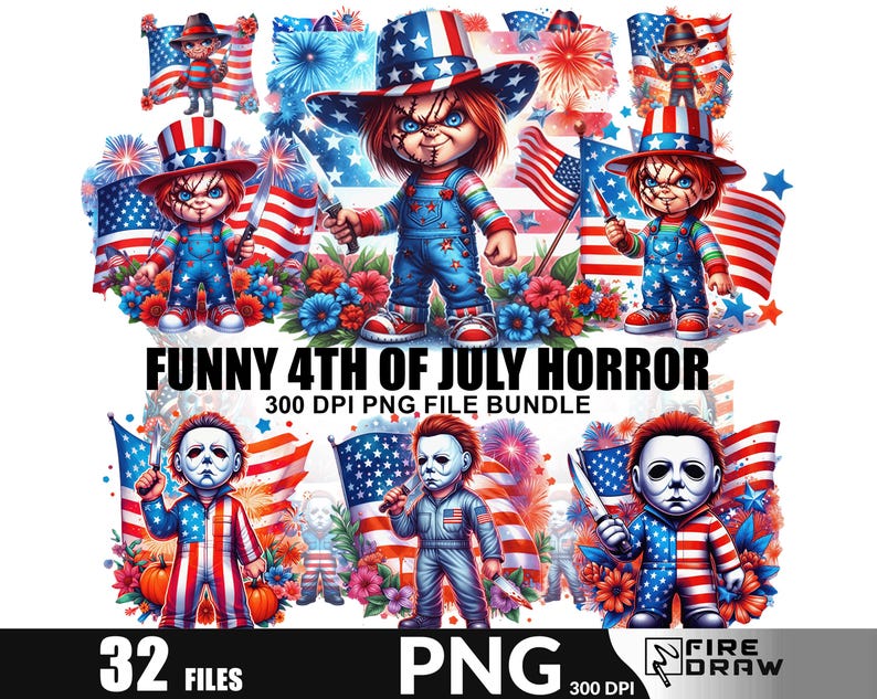 May include: A digital art bundle featuring several illustrations with a 4th of July and horror theme. The images include characters in patriotic outfits, American flags, and the text "FUNNY 4TH OF JULY HORROR".