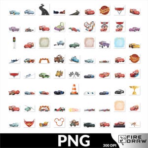 May include: A collection of watercolor illustrations featuring various cars, racing flags, traffic cones, and other related elements. The images are in a PNG format and include a variety of colors and designs.