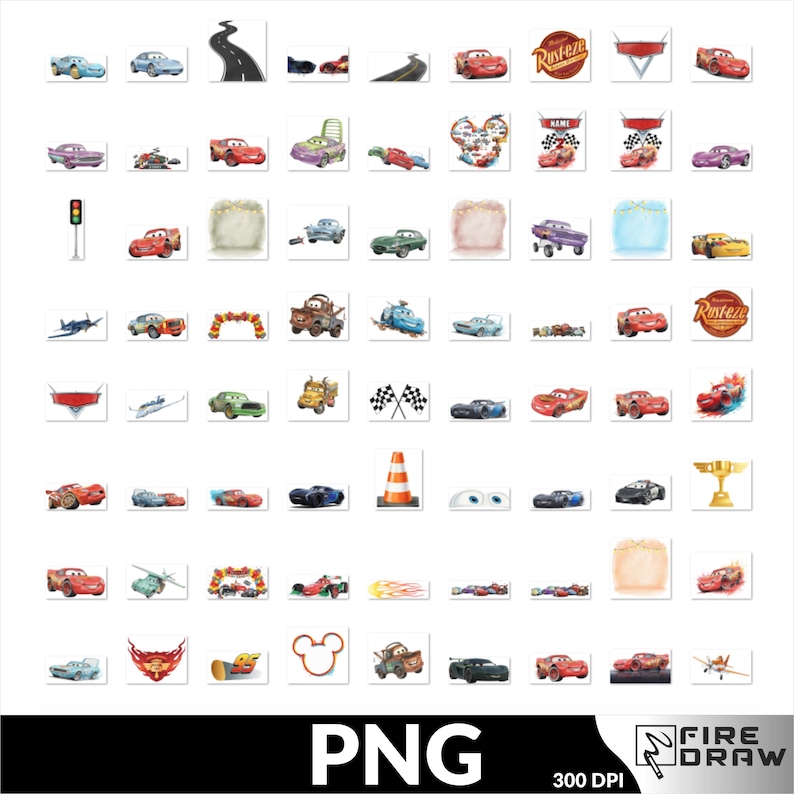 May include: A collection of watercolor illustrations featuring various cars, racing flags, traffic cones, and other related elements. The images are in a PNG format and include a variety of colors and designs.