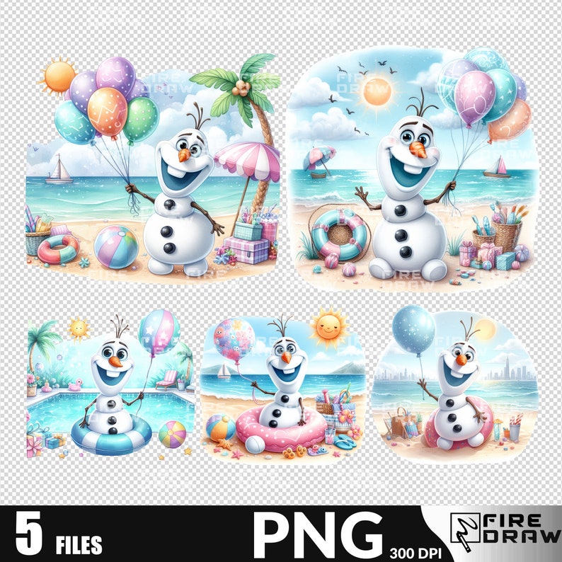 May include: Five digital illustrations of Olaf from Frozen, a snowman, in various summer scenes. Olaf is holding balloons, a pool float, and a beach towel. The illustrations are in a cartoon style and have a bright, colorful palette.