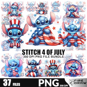 Archivos PNG del paquete Stitch del 4 de julio, camiseta divertida del 4 de julio, vaso con bandera estadounidense, Lilo & Stitch, sublimación de EE. UU. de julio, descarga digital