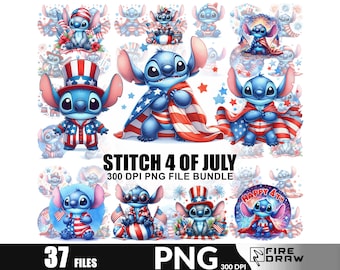 Stitch 4th of July PNG Bundle: American Flag, Lilo & Stitch (Digital Download)