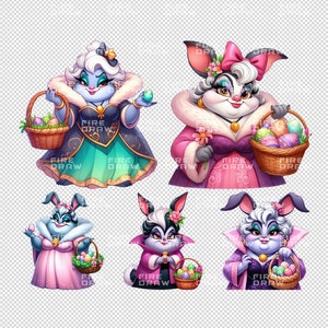 May include: Five cartoon bunnies dressed in colorful outfits and holding baskets of Easter eggs. The bunnies are wearing hats, dresses, and coats. The baskets are filled with colorful eggs.