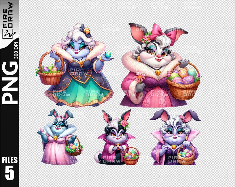 May include: Five cartoon bunnies dressed in colorful outfits and holding baskets of Easter eggs. The bunnies are wearing hats, dresses, and coats. The baskets are filled with colorful eggs.