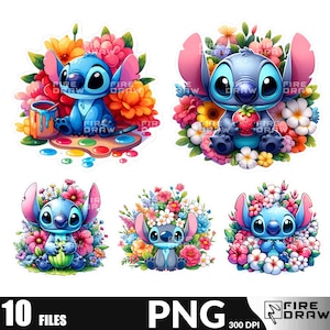 Stitch flowers and watercolor 10 png bundle design png file for sublimation, high resolution, instant digital png download, transparent png