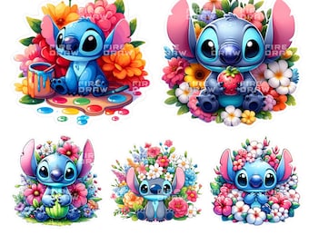 Stitch Flowers Watercolor PNG Bundle: High-Resolution Designs (Digital Download)