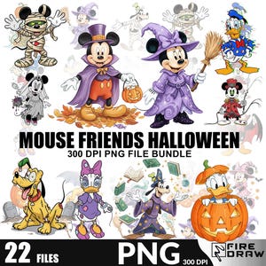 以下が含まれることがあります： ハロウィーンのコスチュームを着た漫画のキャラクターのデジタルイラスト。ミッキーマウス、ミニーマウス、ドナルドダック、グーフィーなどが含まれています。画像には「MOUSE FRIENDS HALLOWEEN」と「300 DPI PNG FILE BUNDLE」というテキストが含まれています。