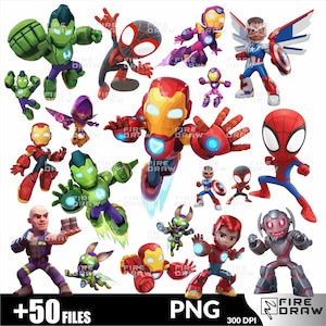 以下が含まれることがあります： 様々なポーズの漫画のスーパーヒーローのフィギュアのコレクション。キャラクターには、アイアンマン、スパイダーマン、キャプテンアメリカなどが含まれており、すべて鮮やかな色です。画像には「+50 FILES」と「PNG」の文字も含まれています。